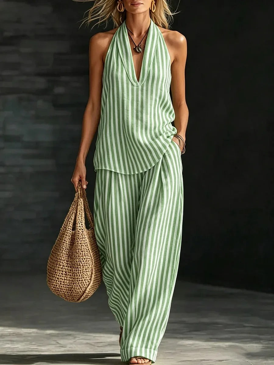Sofía Ensemble Effet Lin : Top Halter et Pantalon Large Rayé