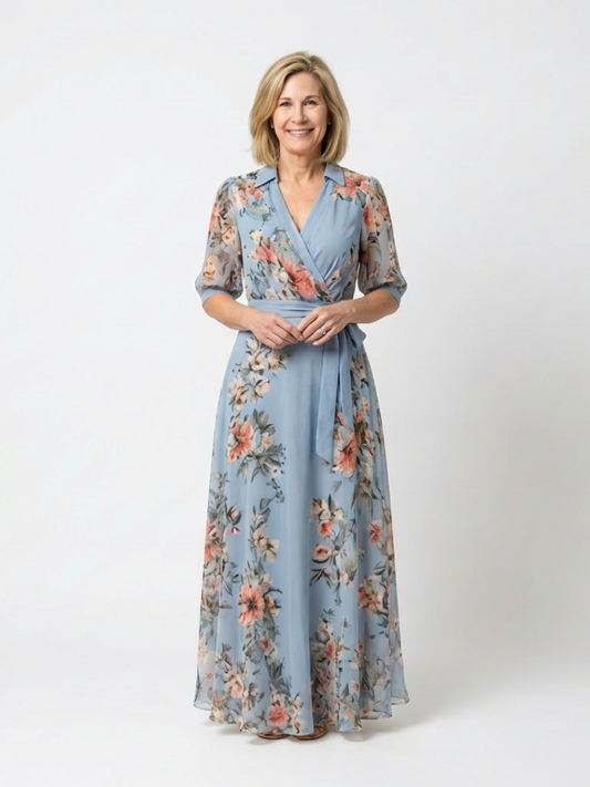 Charlotte | Robe longue portefeuille fleurie à col V