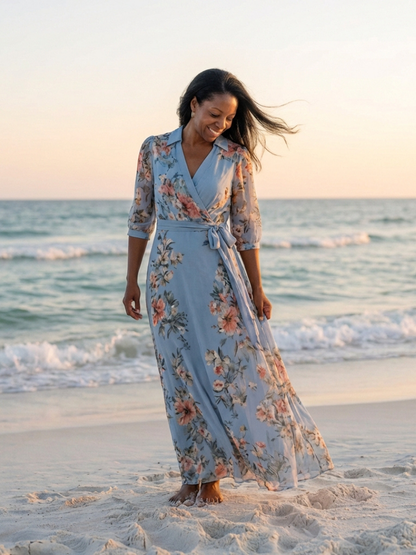 Charlotte | Robe longue portefeuille fleurie à col V